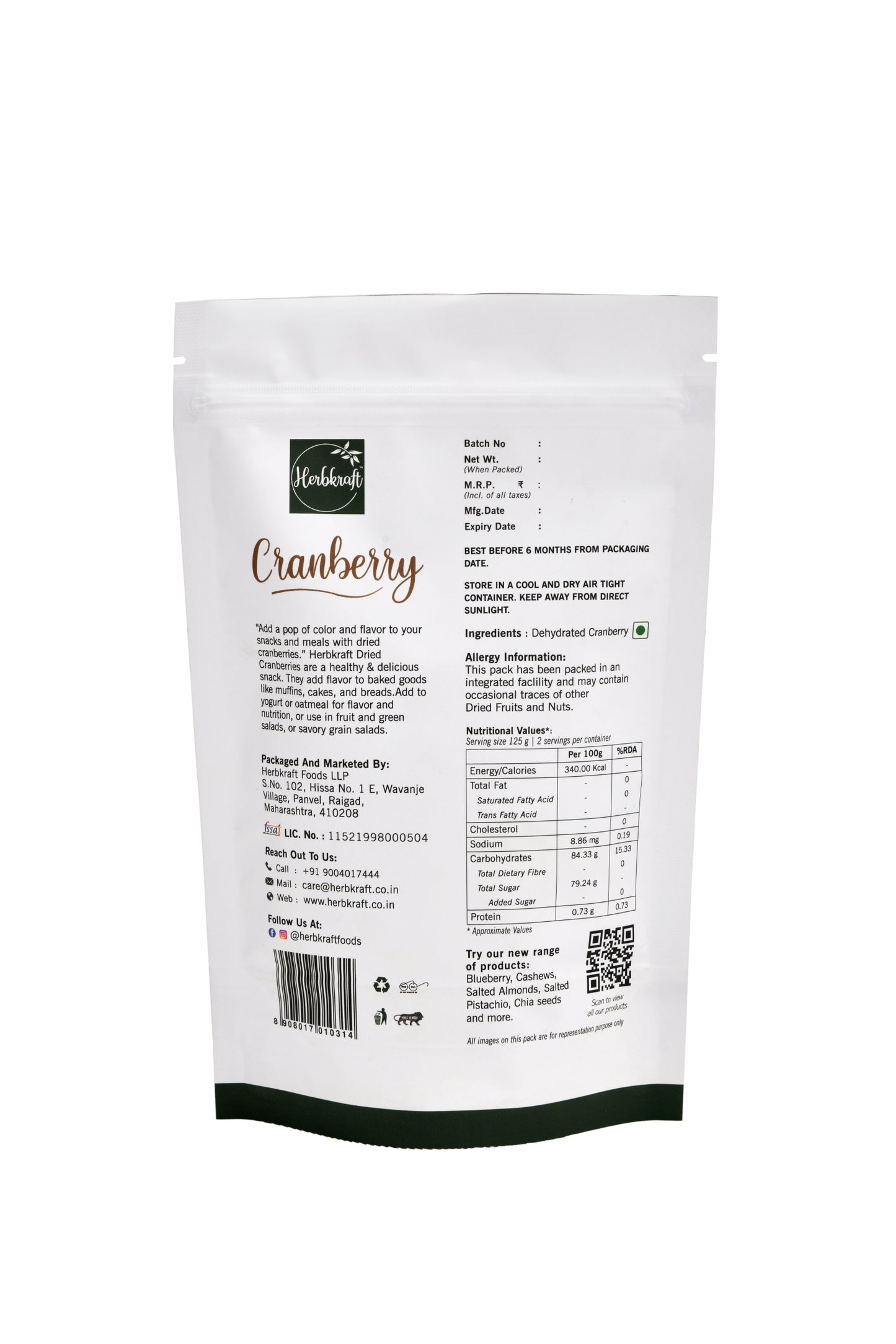 Herbkraft Dried Cranberries 250GM